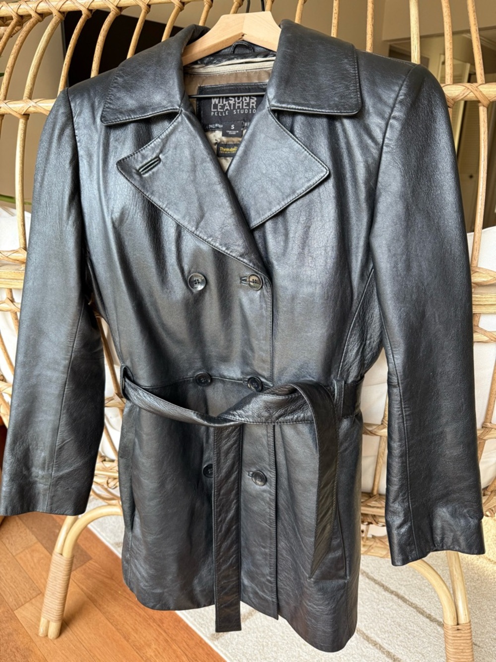 Vintage Y2K Wilsons Leather -Belted Black Trench Coat - Thinsulate Zip Out Liner